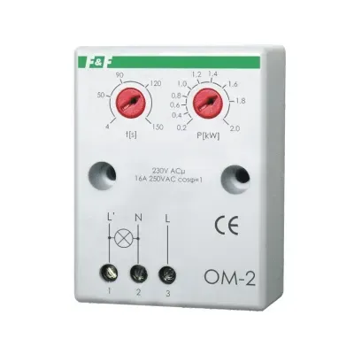 Ogranicznik mocy - reg. czas pow. OM-2 Un=230V~ , ograniczenie poboru mocy 200÷2000VA , reg. czas powrotu zasilania 4÷150s 50×67×26mm 0,139 kg (OM-2)
