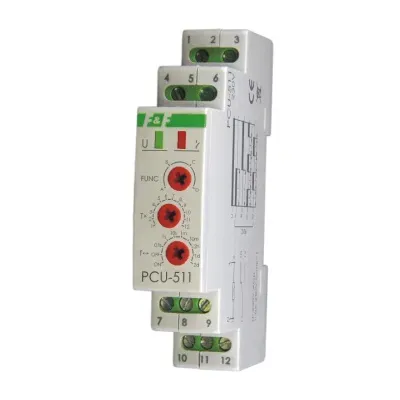 Przekaźnik czasowy PCU-511 230V uniwersalny , zakres czasowy 0,1s÷24h , Un=230V~ , Io<10A , montaż na szynie TH-35 1 moduł (17,5mm) 0,0718 kg (PCU-511)