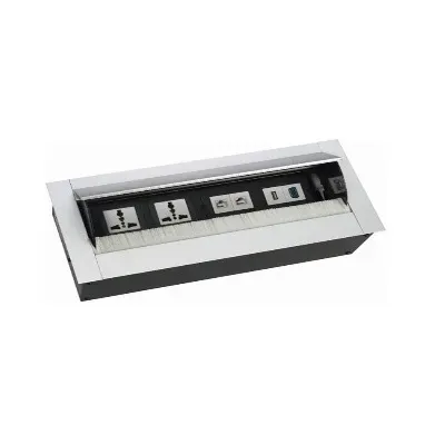 SMART-UP: Kaseta z klapką otwieraną za pomocą mechanizmu, 6 modułów 45x45 mm. Głębokość: 128 mm. Maksymalna grubość blatu: 30 mm. Kolor: szare aluminium. DS..70.02