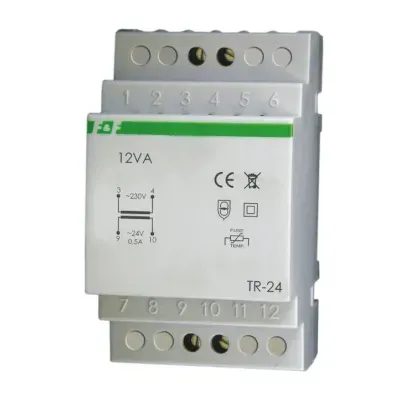 transformator sieciowy TR-24 Uwyj=24V~ , Uwej=230V~ , Iwyj=0 , 5A , P=12VA , montaż na szynie TH-35 3 moduły (52,5mm) 0,433 kg (TR-24)