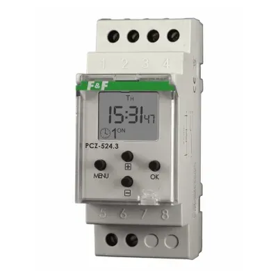 Zegar sterujący programowalny - astronomiczny PCZ-524 Un=24÷264V AC/DC , Io=16A , montaż na szynie TH-35 , przesunięcie programowane: ±99min. 2 moduły (35mm) 0,125 kg (PCZ-524)